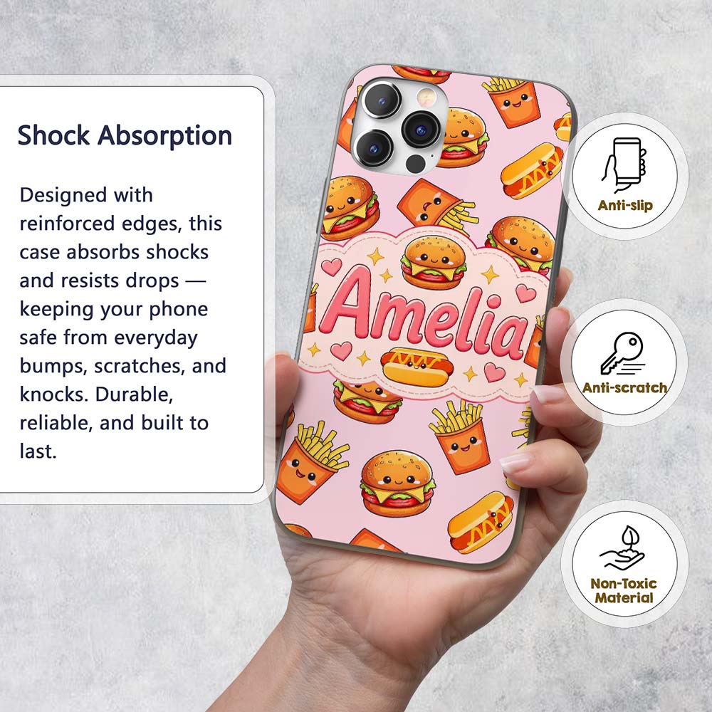 Kawaii Burger Fries Hotdog Fast Food Seamless Custom Name Protective Phone Case Mobile Cover Durable Everyday Smartphone Shock Resistant