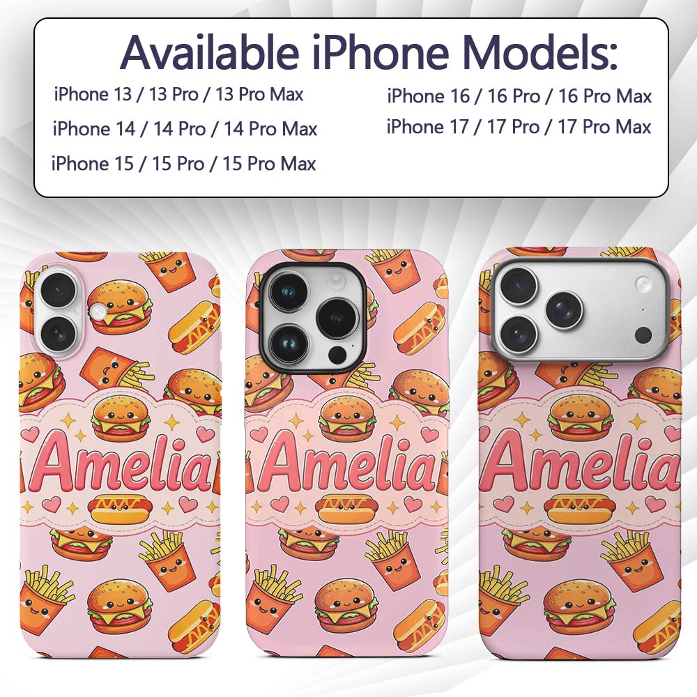 Kawaii Burger Fries Hotdog Fast Food Seamless Custom Name Protective Phone Case Mobile Cover Durable Everyday Smartphone Shock Resistant