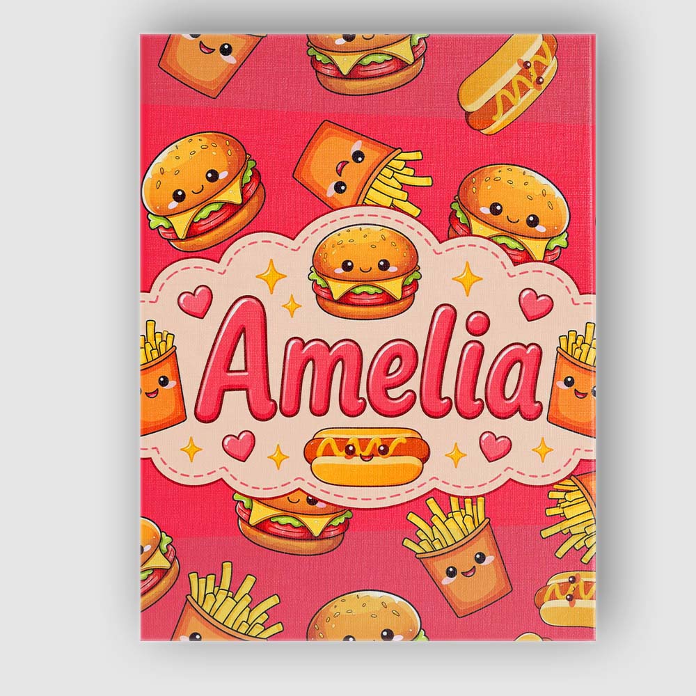 Personalised Name Cute Kawaii Burger Fries Custom Unique Gift Idea Elegant Feature Canvas Wall Art Print Decor Picture Ready to Hang