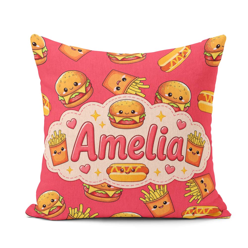 Custom Name Kawaii Burger Fries Hotdog Fast Seamless Pattern Red Square Filled Cushion Throw Pillow Sofa Bed Home Decor Zip Washable UK Made