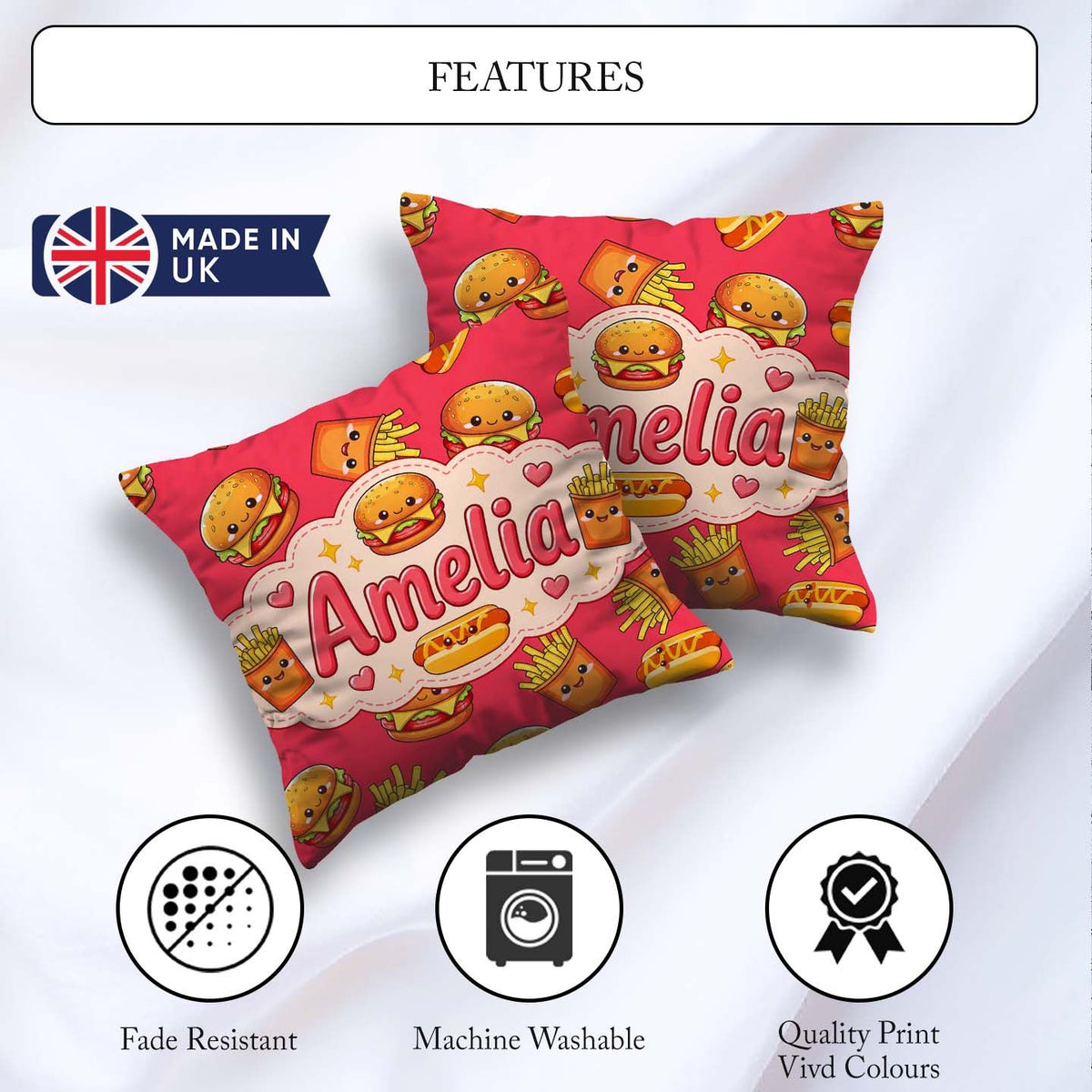 Custom Name Kawaii Burger Fries Hotdog Fast Seamless Pattern Red Square Filled Cushion Throw Pillow Sofa Bed Home Decor Zip Washable UK Made