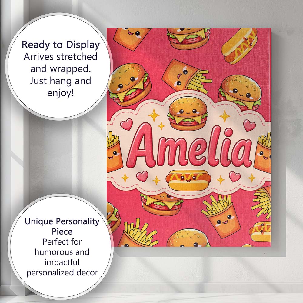 Personalised Name Cute Kawaii Burger Fries Custom Unique Gift Idea Elegant Feature Canvas Wall Art Print Decor Picture Ready to Hang