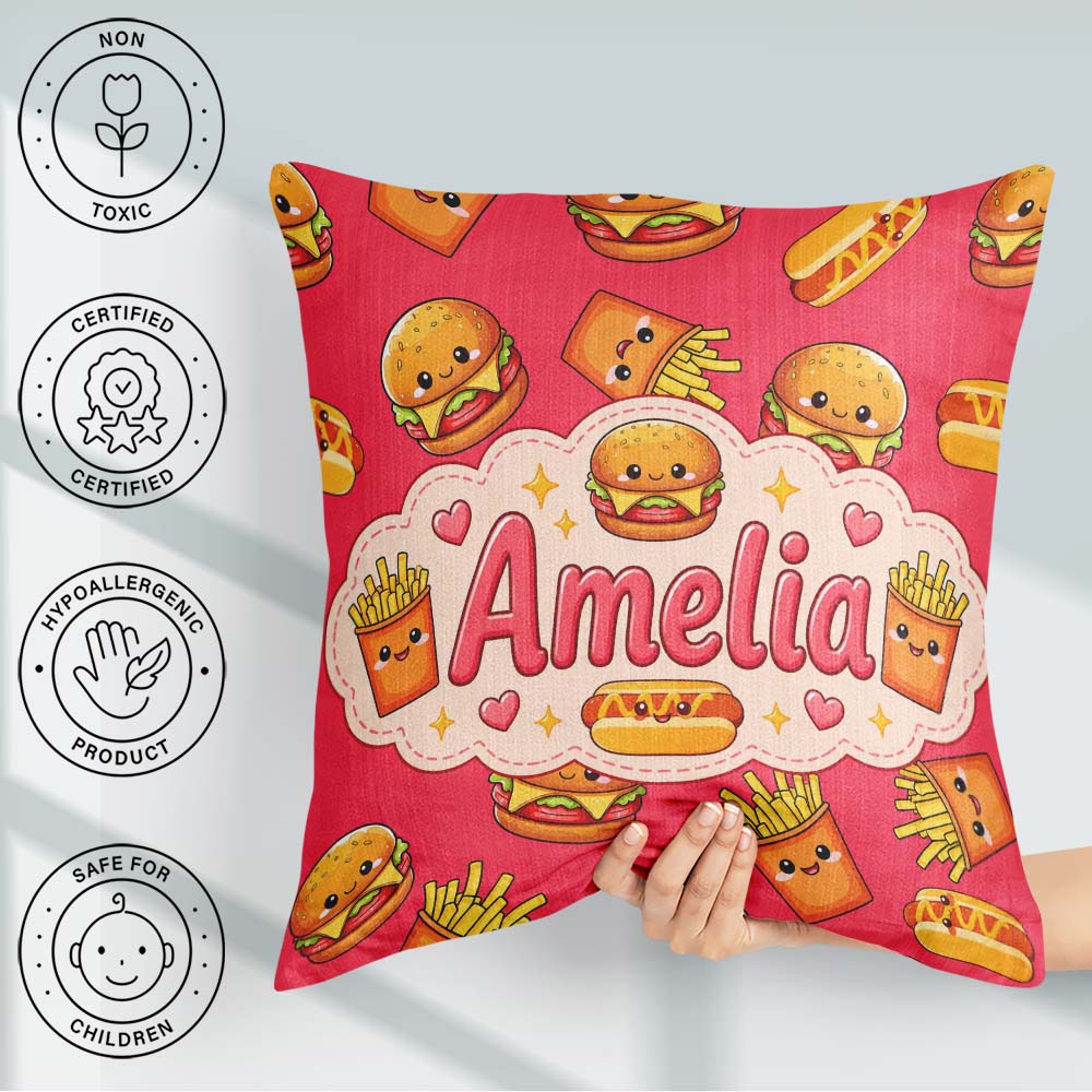 Custom Name Kawaii Burger Fries Hotdog Fast Seamless Pattern Red Square Filled Cushion Throw Pillow Sofa Bed Home Decor Zip Washable UK Made