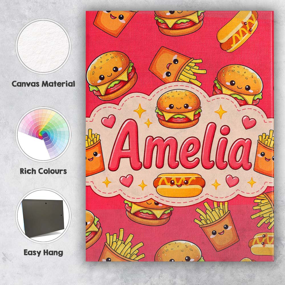 Personalised Name Cute Kawaii Burger Fries Custom Unique Gift Idea Elegant Feature Canvas Wall Art Print Decor Picture Ready to Hang