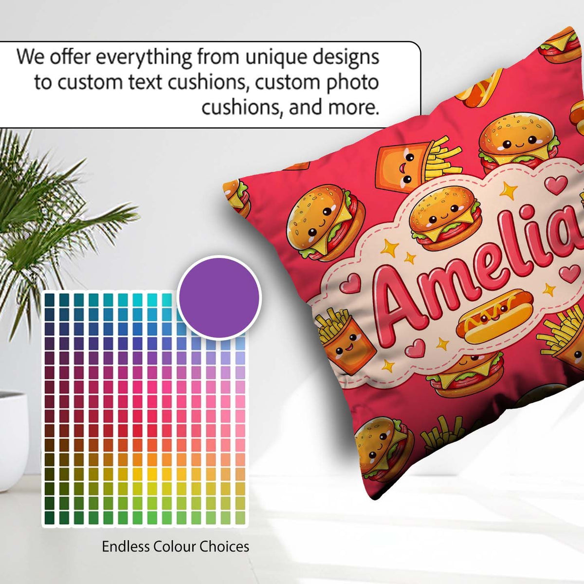 Custom Name Kawaii Burger Fries Hotdog Fast Seamless Pattern Red Square Filled Cushion Throw Pillow Sofa Bed Home Decor Zip Washable UK Made