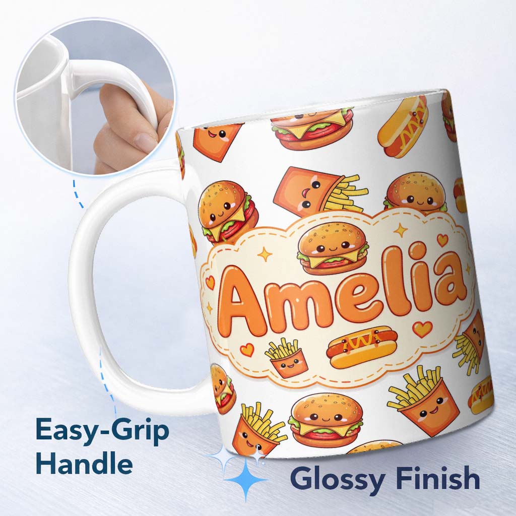 Personalized Custom Name Cute Kawaii Burger Fries Hotdog Fast Food Seamless Pattern Grey 11oz Ceramic Coffee Tea Mug White Large Handle