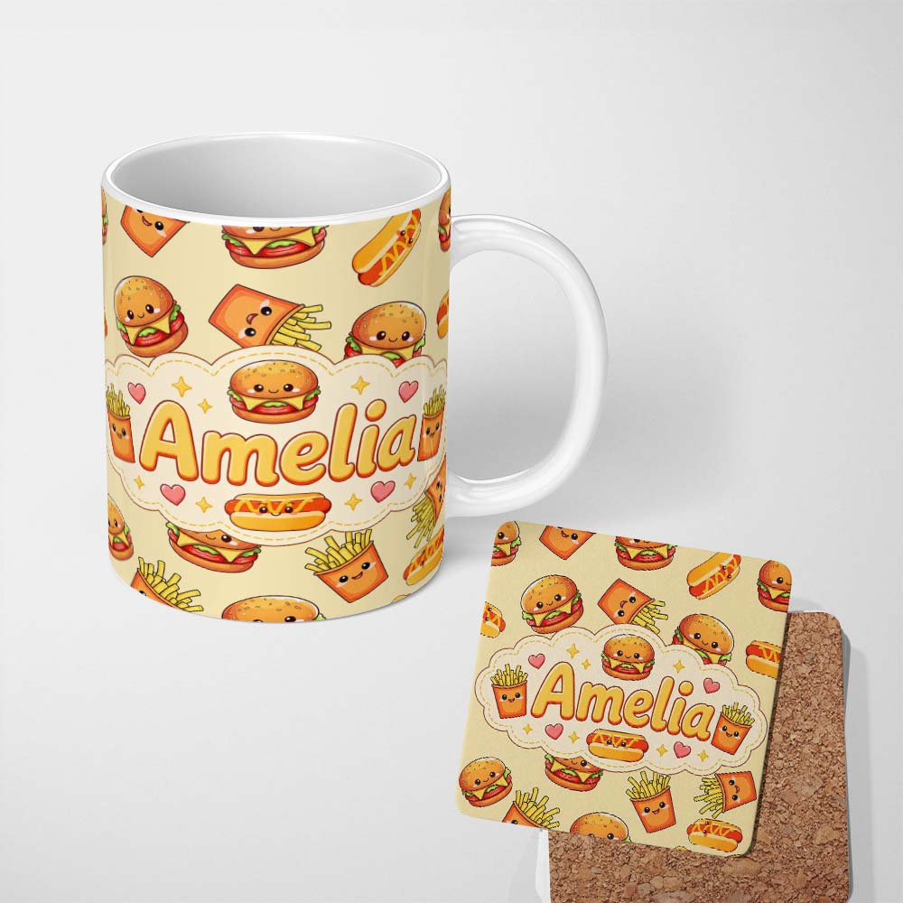 Personalized Custom Name Cute Kawaii Burger Fries Hotdog Fast Food Seamless Pattern Beige 11oz Ceramic Coffee Tea Mug White Large Handle