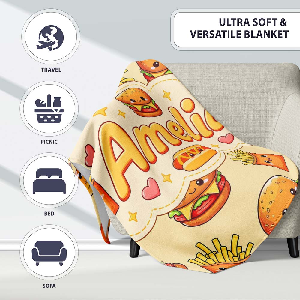Cute Kawaii Burger Fries Hotdog Fast Food Seamless Pattern Beige Personalised Custom Name Super Soft Fleece Blanket Bed Sofa Throw