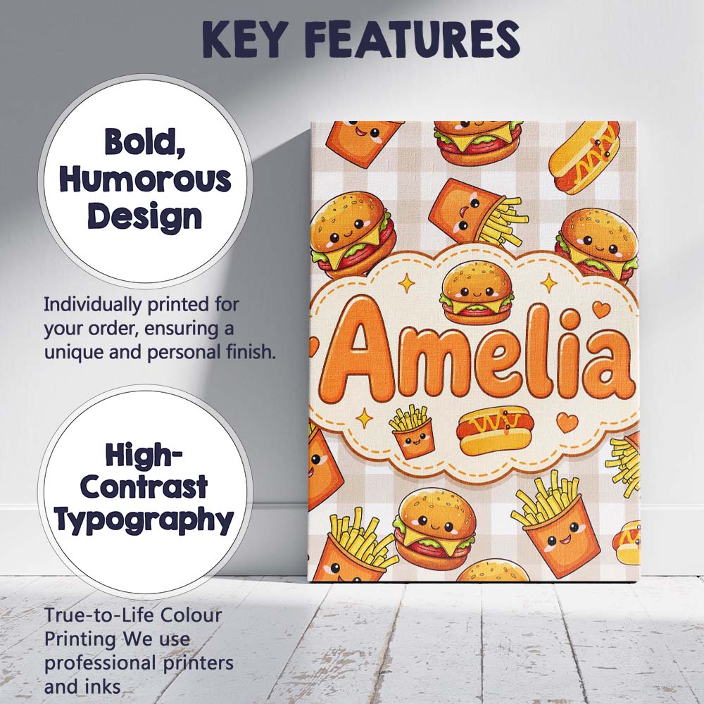 Personalised Name Kawaii Burger Fries Custom Modern Room Accent Creative Decorator Style Canvas Wall Art Print Decor Picture Ready to Hang