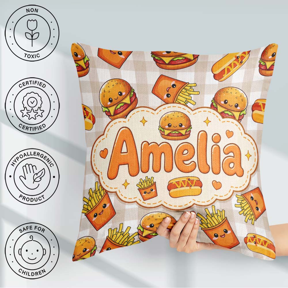 Custom Name Kawaii Burger Fries Fast Food Seamless Pattern Taupe Square Filled Cushion Throw Pillow Sofa Bed Home Decor Zip Washable UK Made