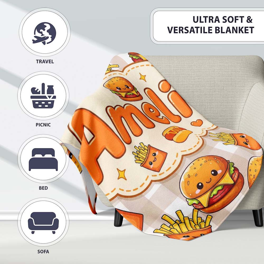 Kawaii Burger Fries Hotdog Fast Food Seamless Pattern Taupe Gingham Personalised Custom Name Super Soft Fleece Blanket Bed Sofa Throw