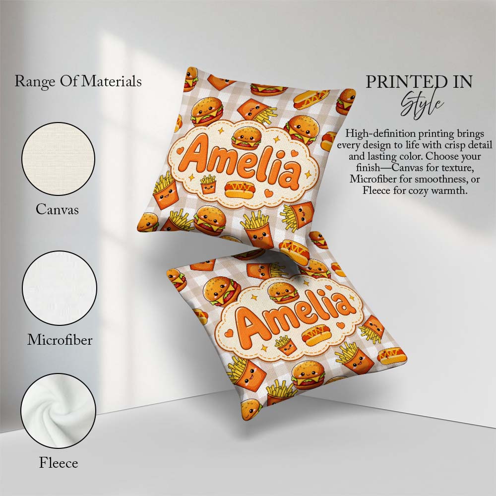 Custom Name Kawaii Burger Fries Fast Food Seamless Pattern Taupe Square Filled Cushion Throw Pillow Sofa Bed Home Decor Zip Washable UK Made