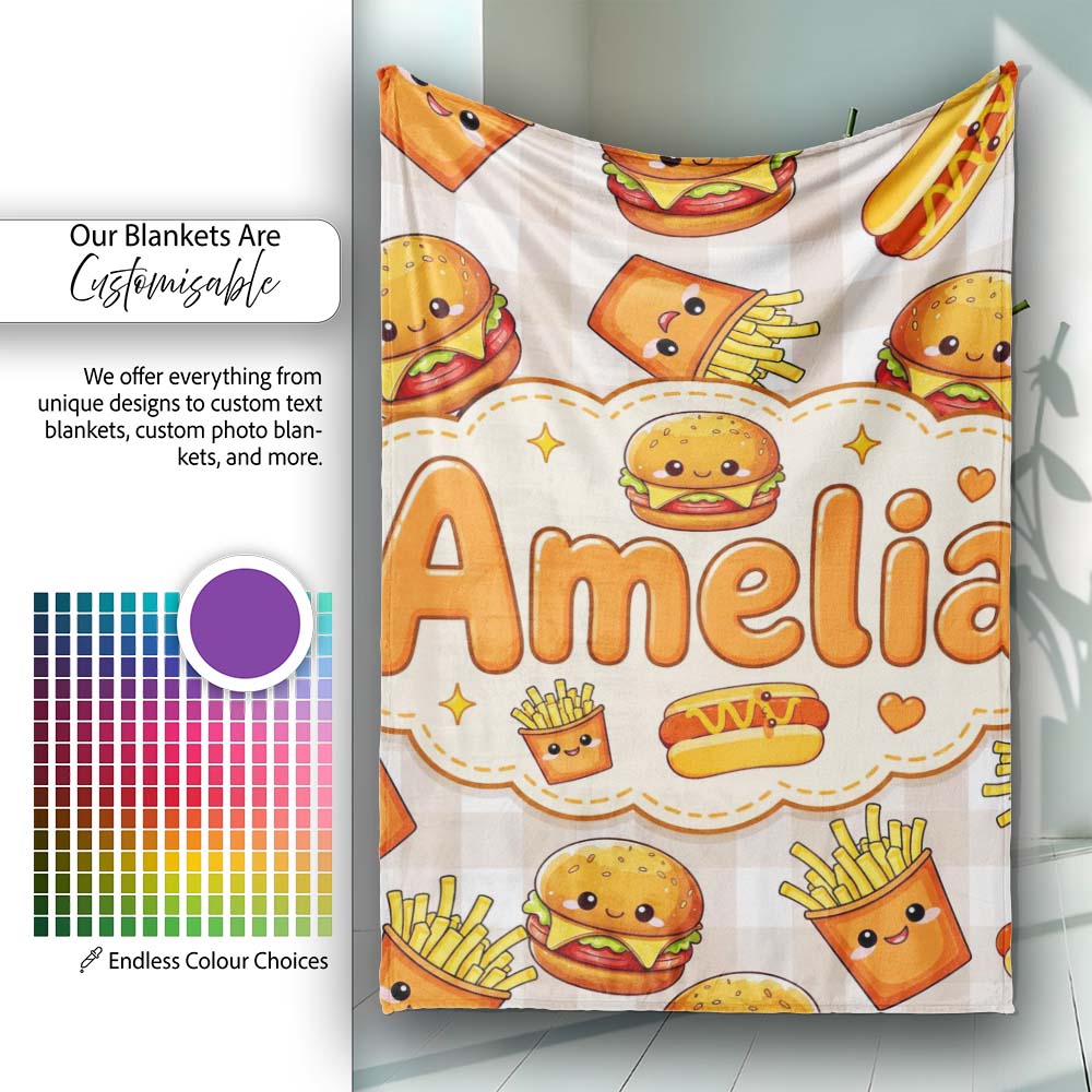Kawaii Burger Fries Hotdog Fast Food Seamless Pattern Taupe Gingham Personalised Custom Name Super Soft Fleece Blanket Bed Sofa Throw