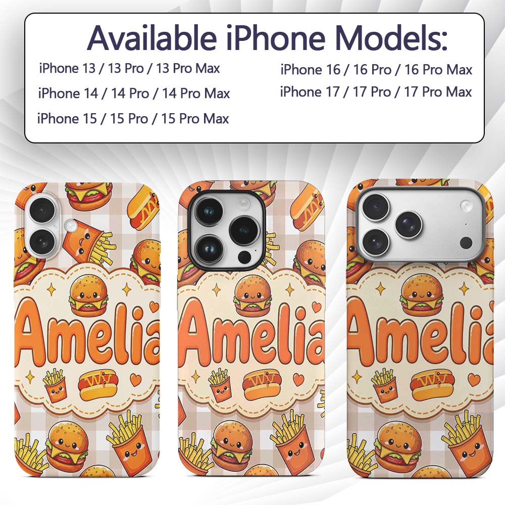 Kawaii Burger Fries Hotdog Fast Food Seamless Custom Name Protective Phone Case Mobile Cover Durable Everyday Smartphone Shock Resistant