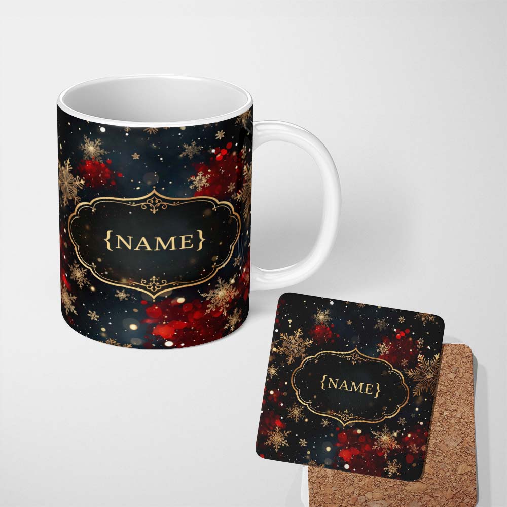 Personalized Custom Name Dark Festive Snowflake Sparkle Seamless Pattern Perfect Gift for Her 11oz Ceramic Coffee Tea Mug White Large Handle