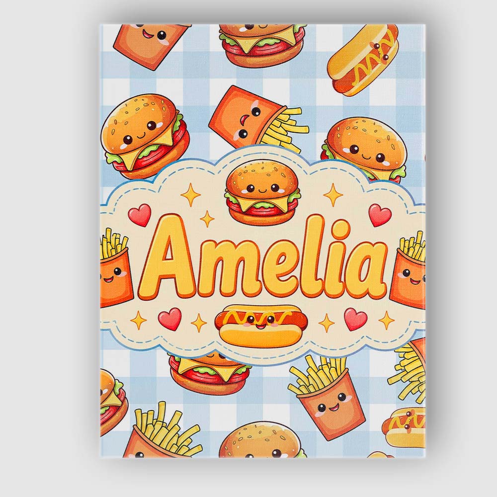 Personalised Name Kawaii Burger Fries Custom Modern Room Accent Creative Decorator Style Canvas Wall Art Print Decor Picture Ready to Hang