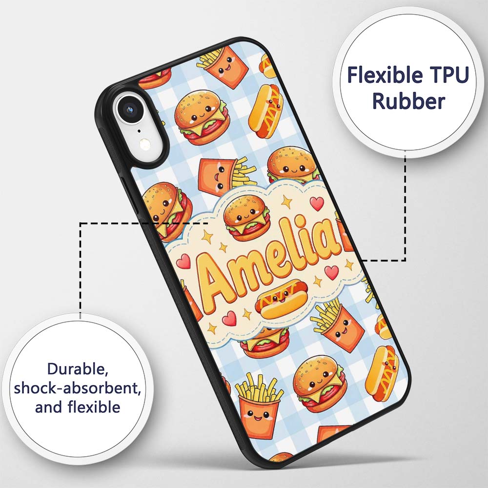 Kawaii Burger Fries Hotdog Fast Food Seamless Custom Name Protective Phone Case Mobile Cover Durable Everyday Smartphone Shock Resistant