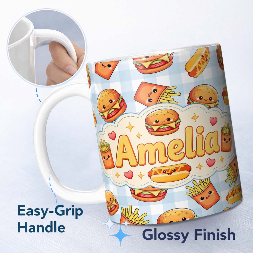 Personalized Custom Name Kawaii Burger Fries Hotdog Fast Food Seamless Pattern Blue Gingham 11oz Ceramic Coffee Tea Mug White Large Handle