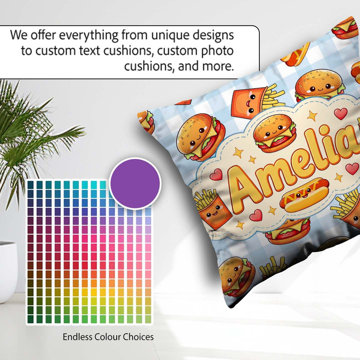 Custom Name Kawaii Burger Hotdog Fast Food Seamless Pattern Blue Square Filled Cushion Throw Pillow Sofa Bed Home Decor Zip Washable UK Made
