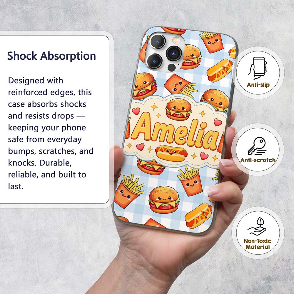 Kawaii Burger Fries Hotdog Fast Food Seamless Custom Name Protective Phone Case Mobile Cover Durable Everyday Smartphone Shock Resistant