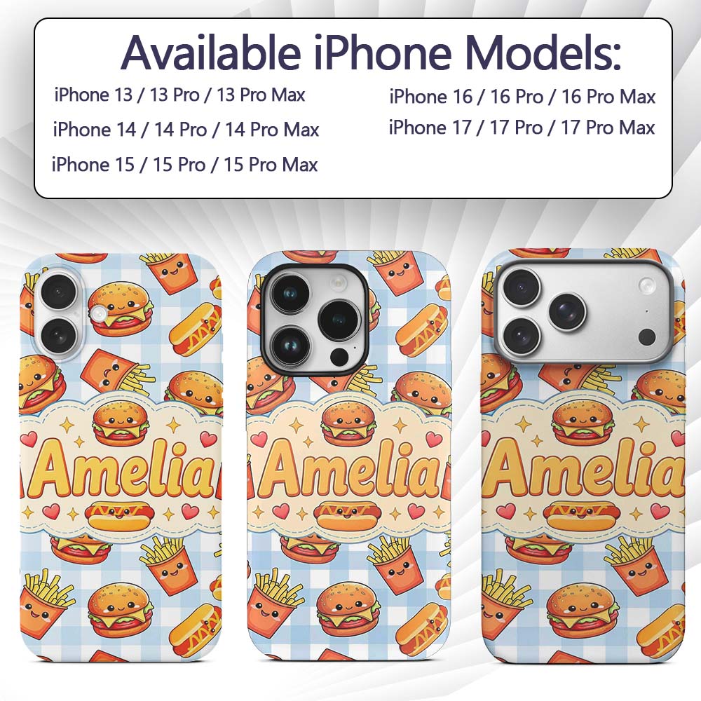 Kawaii Burger Fries Hotdog Fast Food Seamless Custom Name Protective Phone Case Mobile Cover Durable Everyday Smartphone Shock Resistant