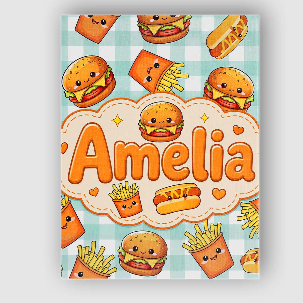 Personalised Name Kawaii Burger Fries Custom Modern Room Accent Creative Decorator Style Canvas Wall Art Print Decor Picture Ready to Hang