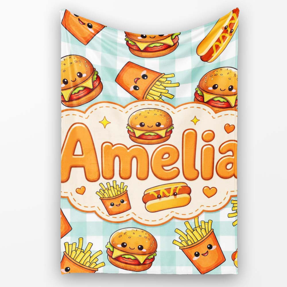 Kawaii Burger Fries Hotdog Fast Food Seamless Pattern Mint Gingham Personalised Custom Name Super Soft Fleece Blanket Bed Sofa Throw