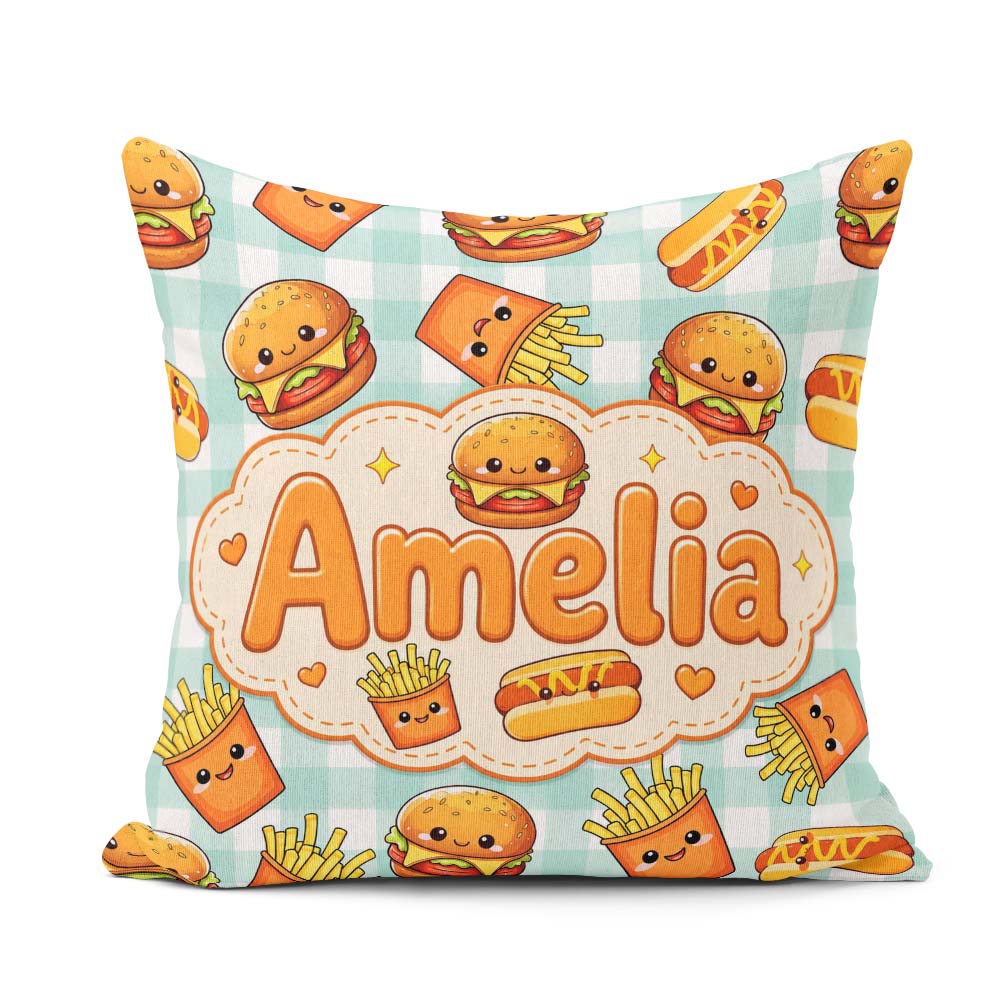 Custom Name Kawaii Burger Hotdog Fast Food Seamless Pattern Mint Square Filled Cushion Throw Pillow Sofa Bed Home Decor Zip Washable UK Made
