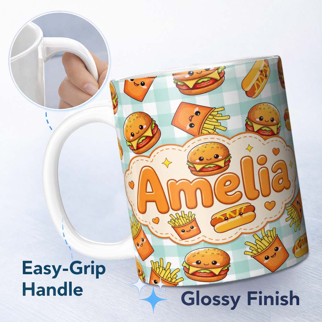 Personalized Custom Name Kawaii Burger Fries Hotdog Fast Food Seamless Pattern Mint Gingham 11oz Ceramic Coffee Tea Mug White Large Handle