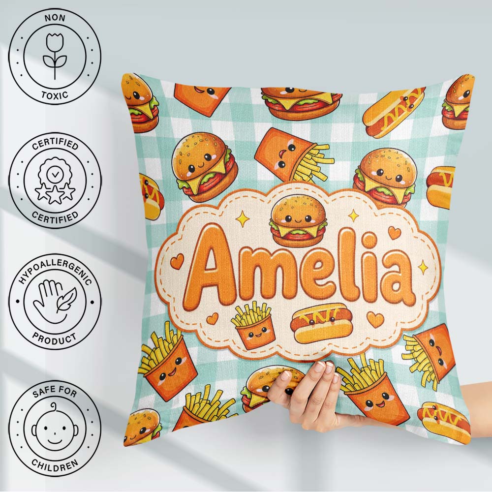 Custom Name Kawaii Burger Hotdog Fast Food Seamless Pattern Mint Square Filled Cushion Throw Pillow Sofa Bed Home Decor Zip Washable UK Made