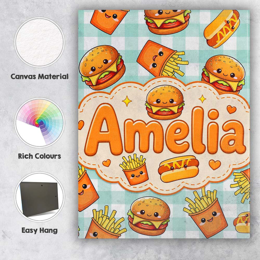 Personalised Name Kawaii Burger Fries Custom Modern Room Accent Creative Decorator Style Canvas Wall Art Print Decor Picture Ready to Hang