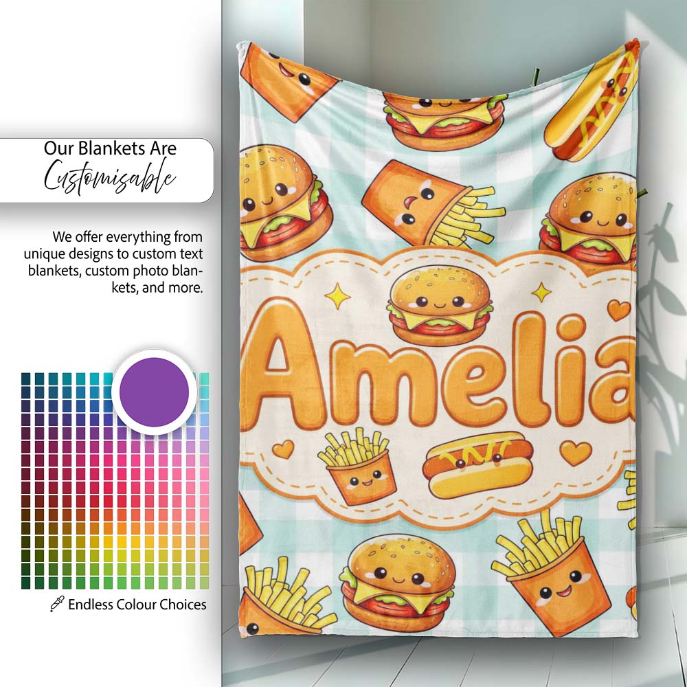 Kawaii Burger Fries Hotdog Fast Food Seamless Pattern Mint Gingham Personalised Custom Name Super Soft Fleece Blanket Bed Sofa Throw