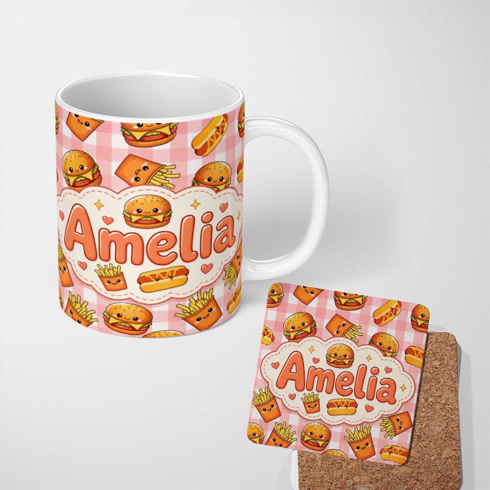 Personalized Custom Name Kawaii Burger Fries Hotdog Fast Food Seamless Pattern Red Gingham 11oz Ceramic Coffee Tea Mug White Large Handle
