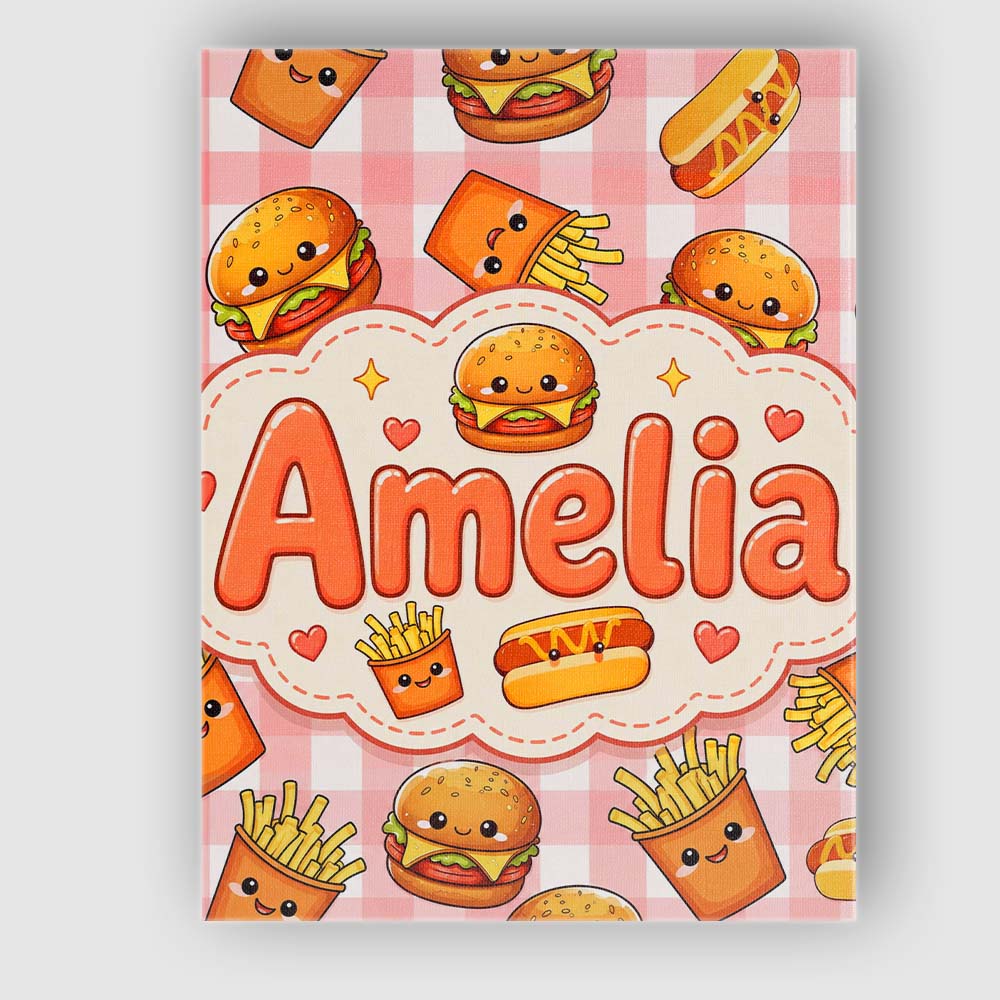 Personalised Name Kawaii Burger Fries Custom Modern Room Accent Creative Decorator Style Canvas Wall Art Print Decor Picture Ready to Hang