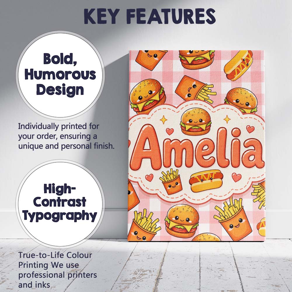 Personalised Name Kawaii Burger Fries Custom Modern Room Accent Creative Decorator Style Canvas Wall Art Print Decor Picture Ready to Hang