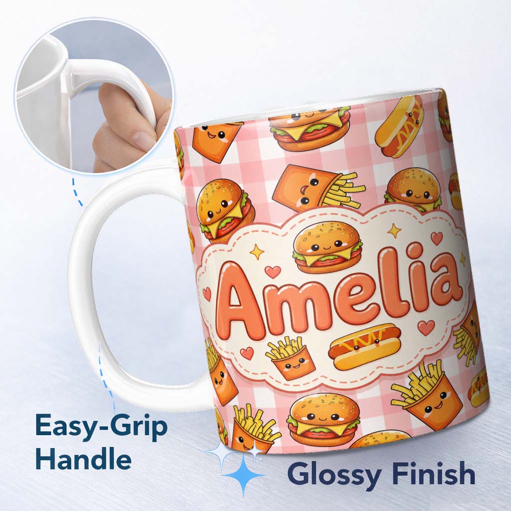 Personalized Custom Name Kawaii Burger Fries Hotdog Fast Food Seamless Pattern Red Gingham 11oz Ceramic Coffee Tea Mug White Large Handle