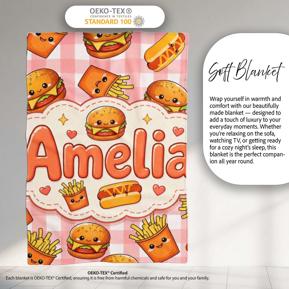 Kawaii Burger Fries Hotdog Fast Food Seamless Pattern Red Gingham Personalised Custom Name Super Soft Fleece Blanket Bed Sofa Throw