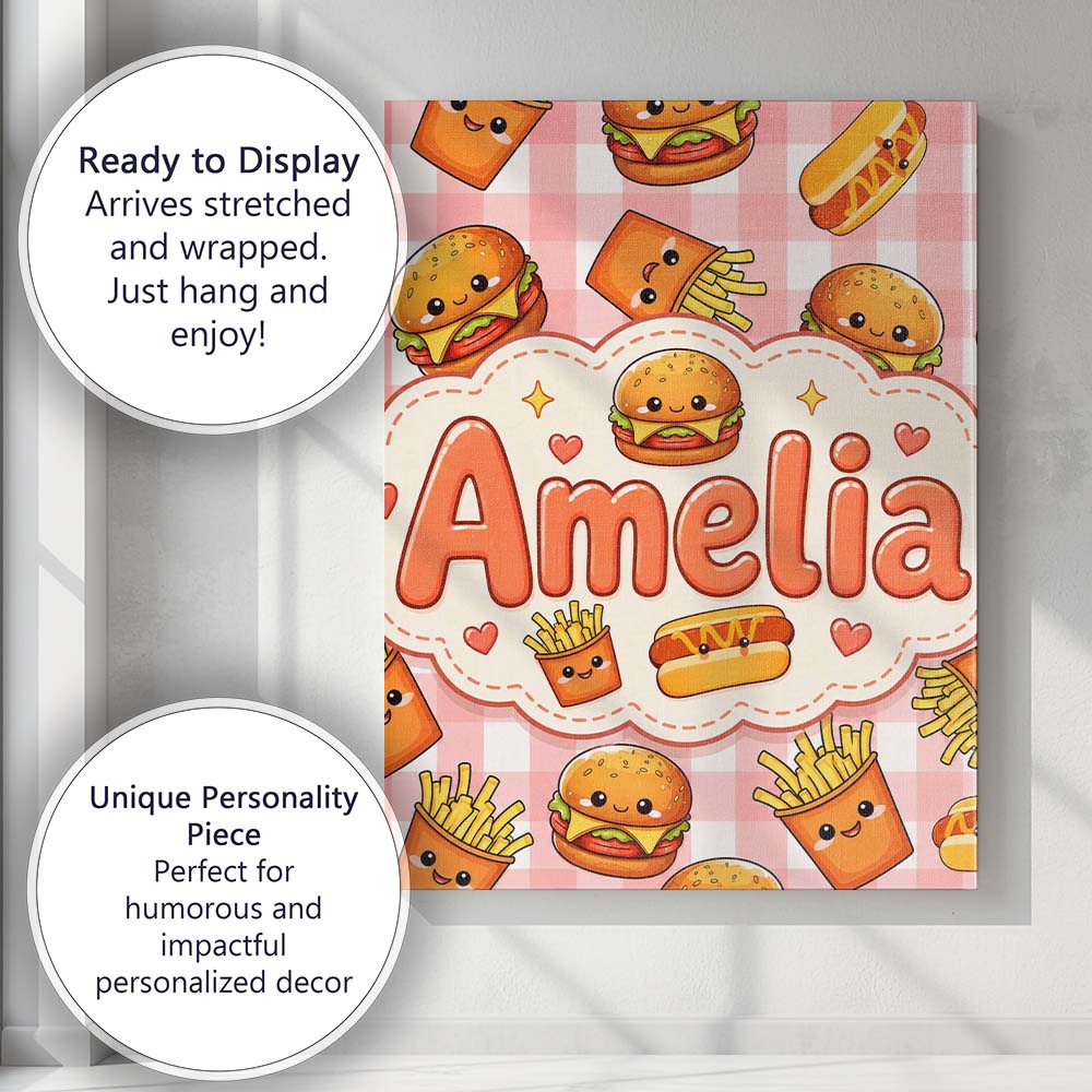 Personalised Name Kawaii Burger Fries Custom Modern Room Accent Creative Decorator Style Canvas Wall Art Print Decor Picture Ready to Hang