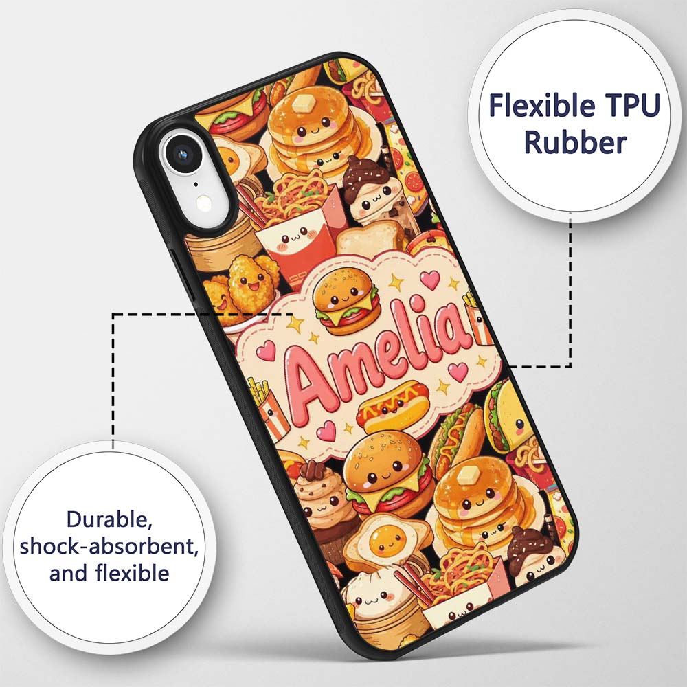 Cute Kawaii Fast Food Junk Snack Collage Seamless Custom Name Protective Phone Case Mobile Cover Durable Everyday Smartphone Shock Resistant
