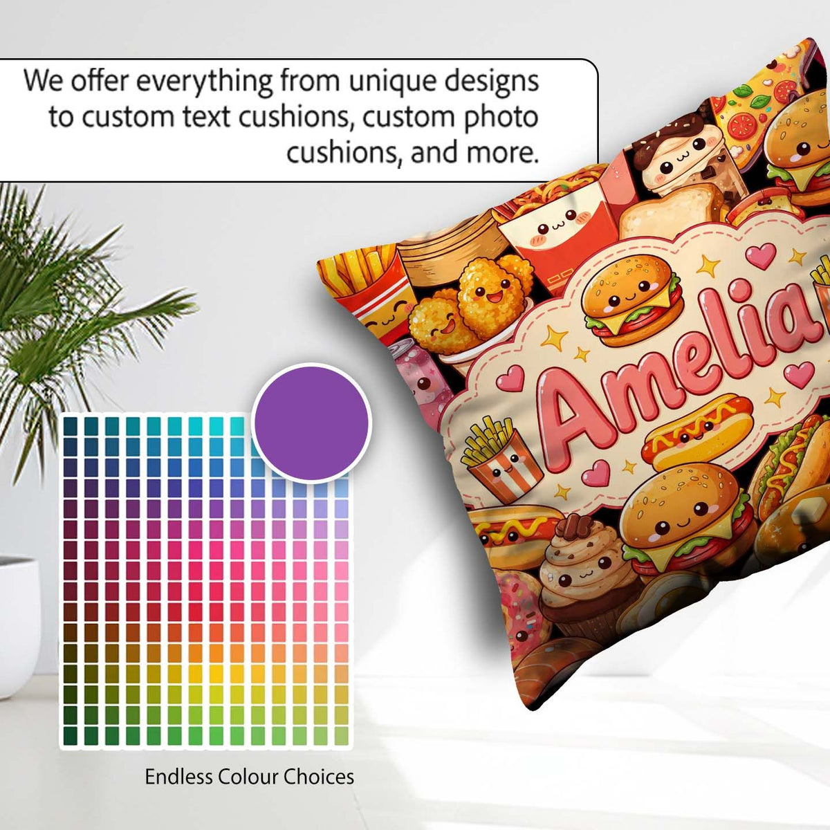 Custom Name Kawaii Fast Food Junk Snack Collage Seamless Pattern Square Filled Cushion Throw Pillow Sofa Bed Home Decor Zip Washable UK Made