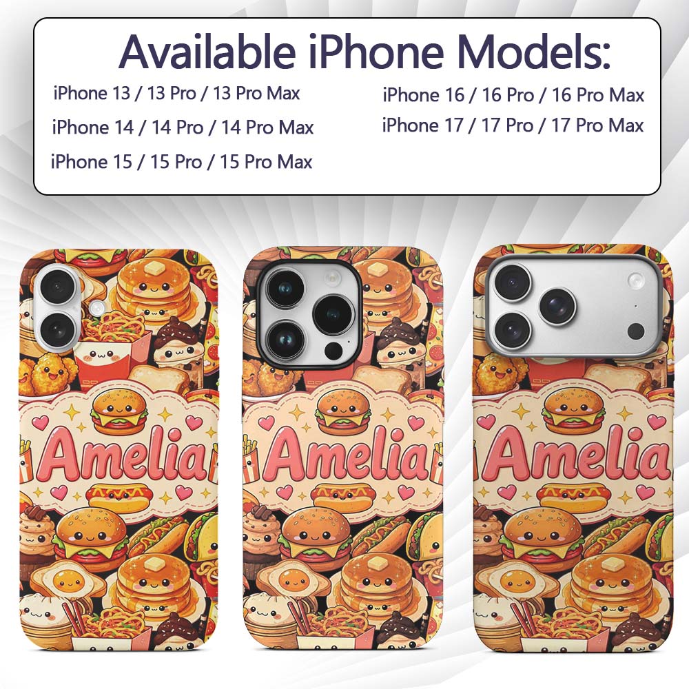 Cute Kawaii Fast Food Junk Snack Collage Seamless Custom Name Protective Phone Case Mobile Cover Durable Everyday Smartphone Shock Resistant