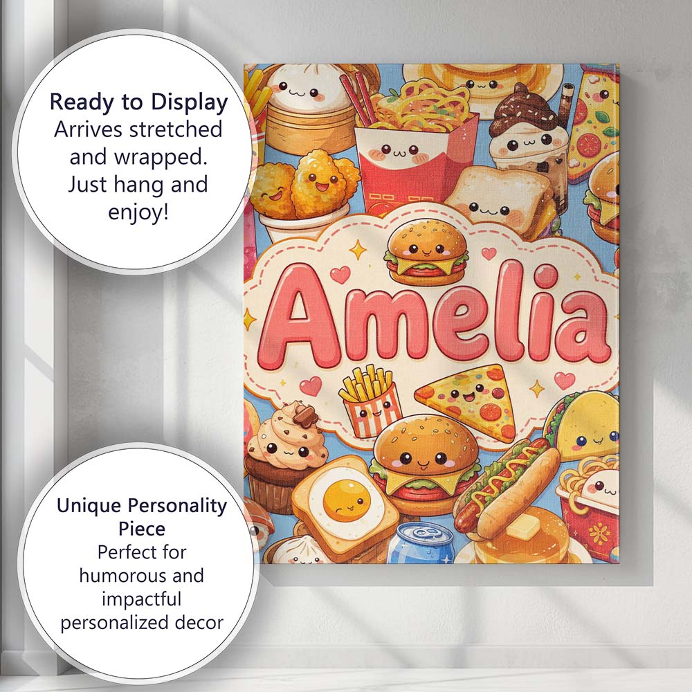 Personalised Name Cute Kawaii Fast Food Custom Modern Room Accent Elegant Feature Canvas Wall Art Print Decor Picture Ready to Hang