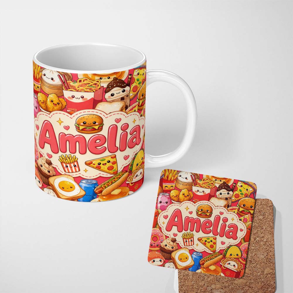 Personalized Custom Name Cute Kawaii Fast Food Junk Snacks Collage Seamless Pattern Red 11oz Ceramic Coffee Tea Mug White Large Handle