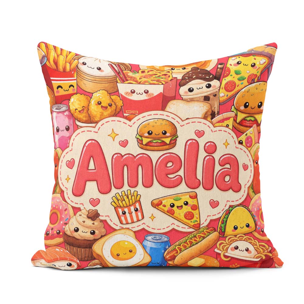 Custom Name Kawaii Fast Food Snacks Collage Seamless Pattern Red Square Filled Cushion Throw Pillow Sofa Bed Home Decor Zip Washable UK Made