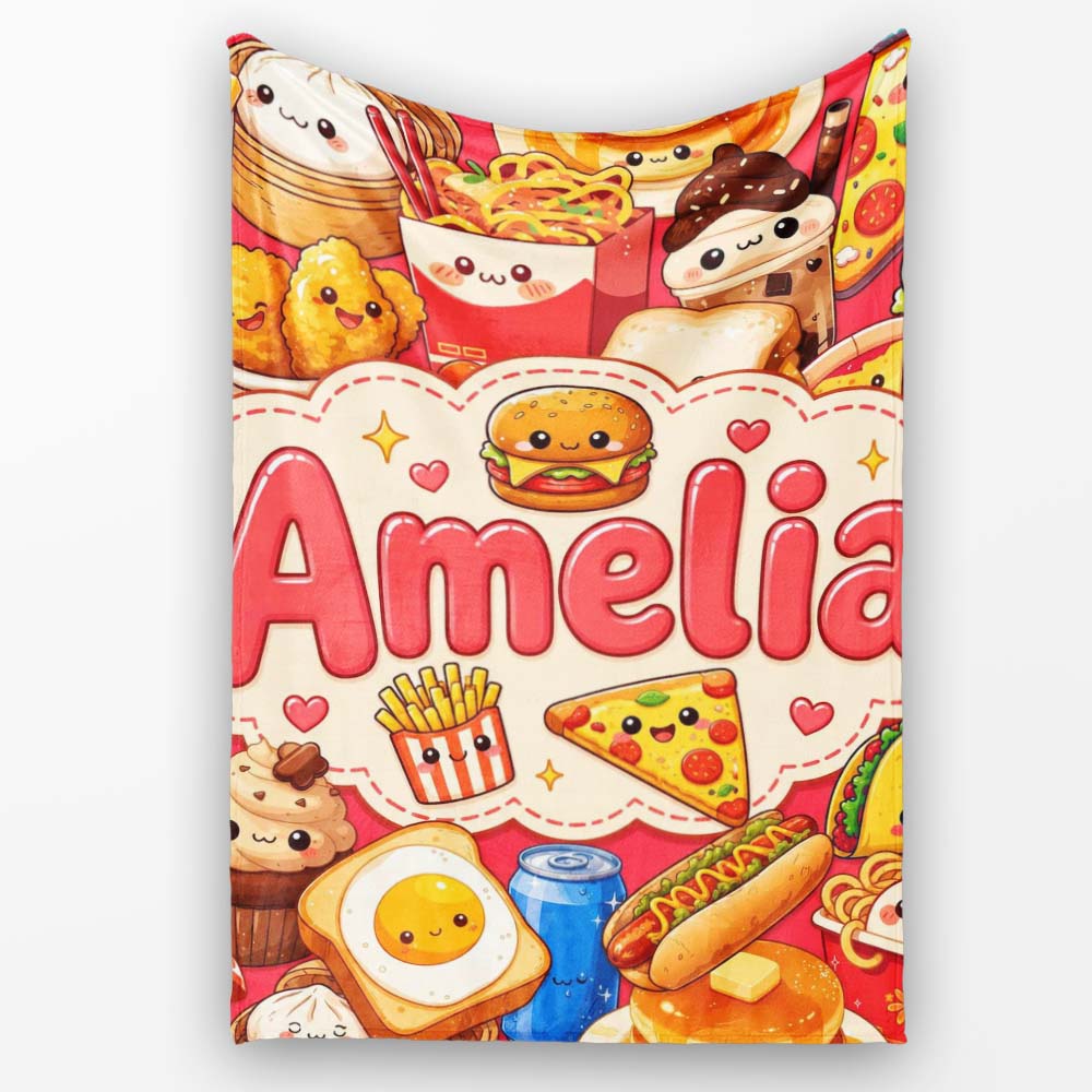 Cute Kawaii Fast Food Junk Snacks Collage Seamless Pattern Red Personalised Custom Name Super Soft Fleece Blanket Bed Sofa Throw