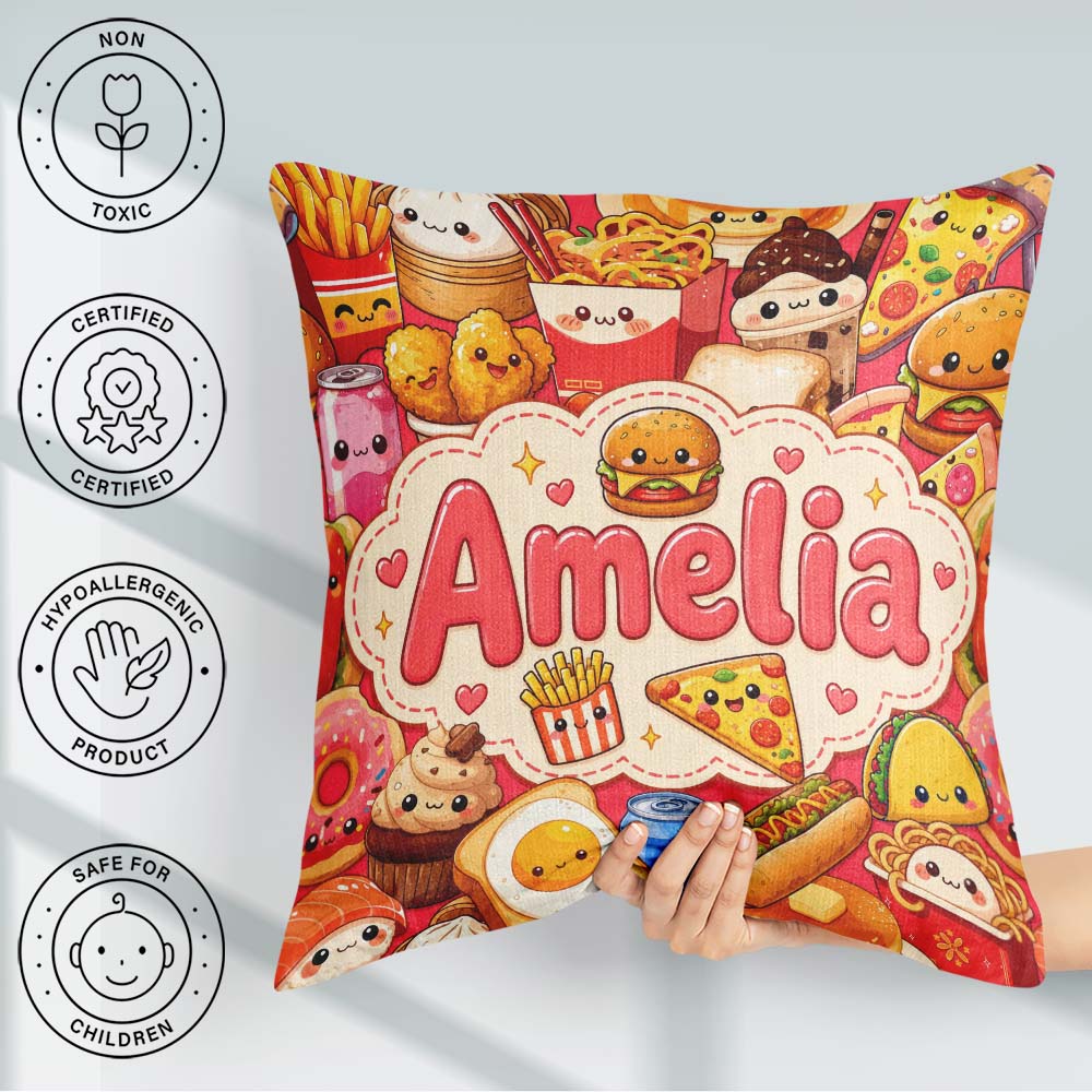 Custom Name Kawaii Fast Food Snacks Collage Seamless Pattern Red Square Filled Cushion Throw Pillow Sofa Bed Home Decor Zip Washable UK Made