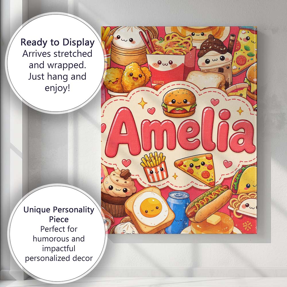 Personalised Name Cute Kawaii Fast Food Custom Modern Room Accent Elegant Feature Canvas Wall Art Print Decor Picture Ready to Hang