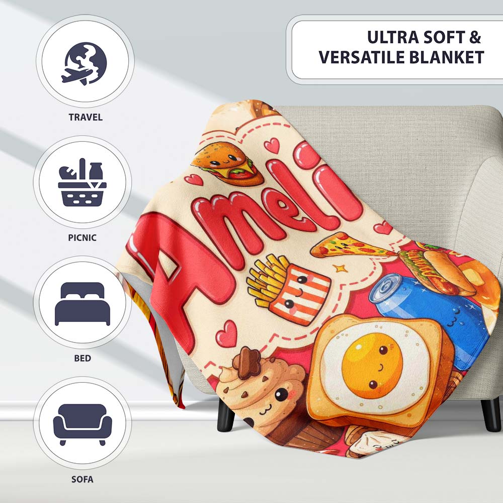 Cute Kawaii Fast Food Junk Snacks Collage Seamless Pattern Red Personalised Custom Name Super Soft Fleece Blanket Bed Sofa Throw