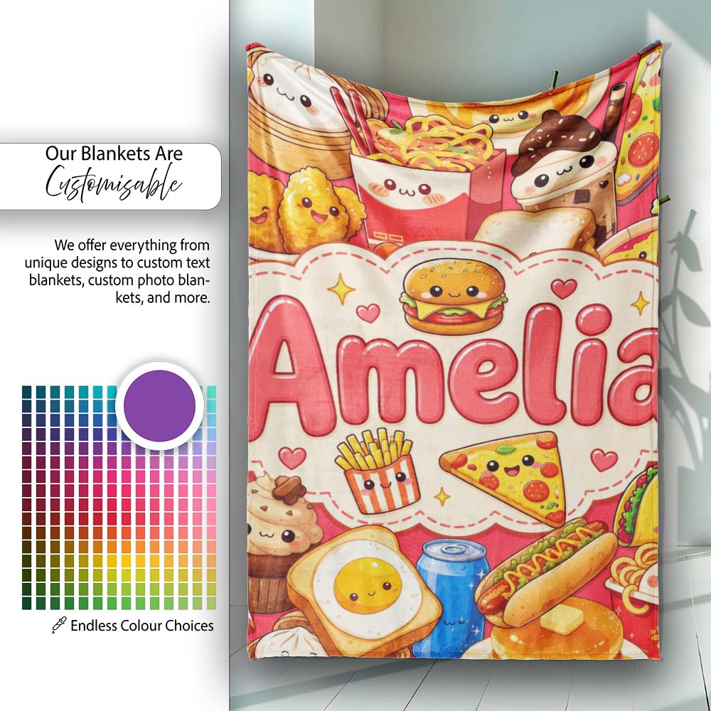 Cute Kawaii Fast Food Junk Snacks Collage Seamless Pattern Red Personalised Custom Name Super Soft Fleece Blanket Bed Sofa Throw