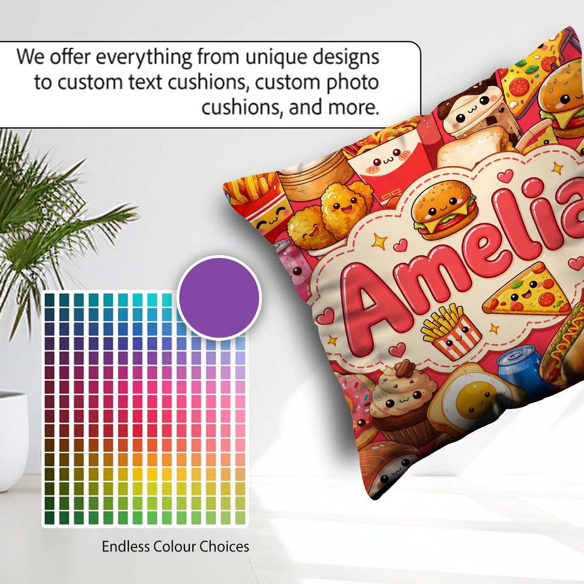 Custom Name Kawaii Fast Food Snacks Collage Seamless Pattern Red Square Filled Cushion Throw Pillow Sofa Bed Home Decor Zip Washable UK Made
